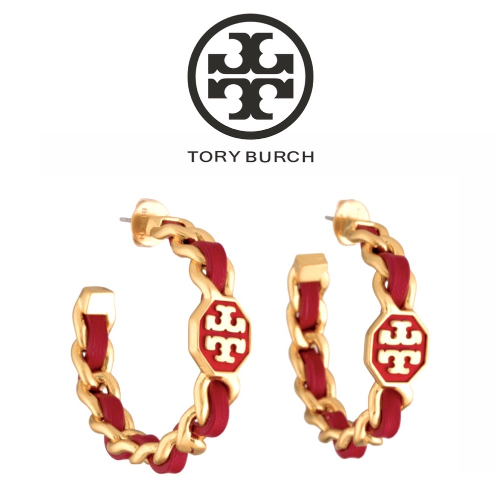 Tory Burch Red and Gold Chain Hoop Earrings